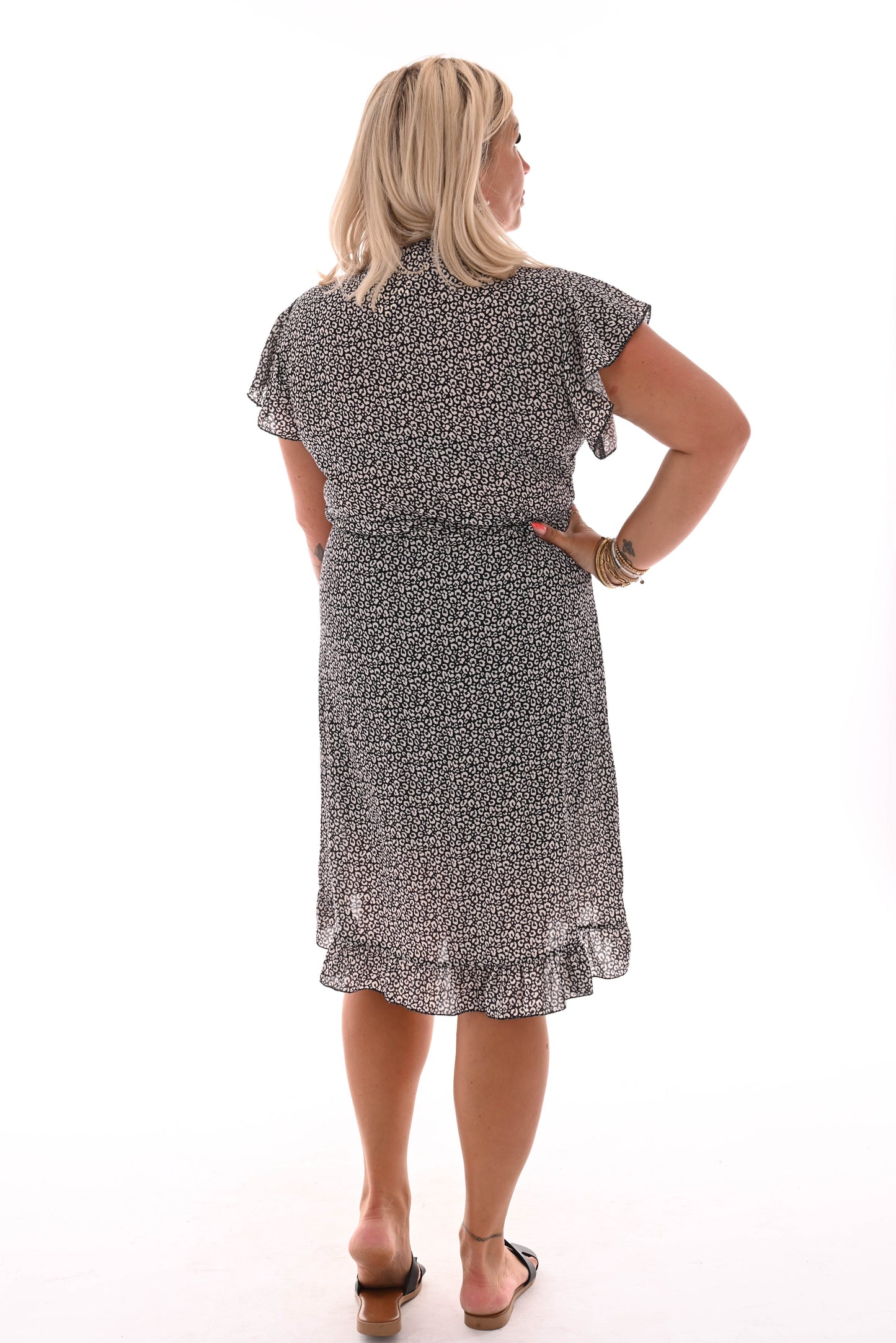 Short Wrap Dress with Ruffle, Black Leopard Print