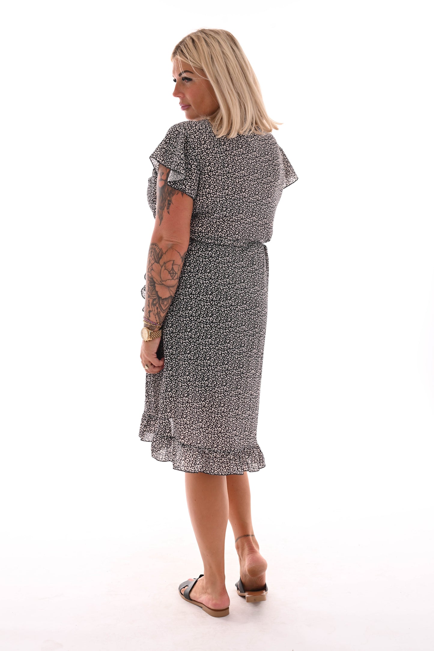 Short Wrap Dress with Ruffle, Black Leopard Print
