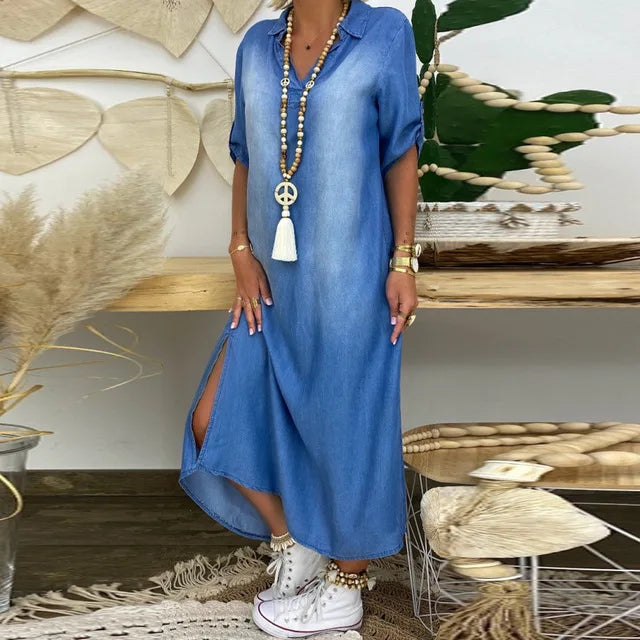 Lea™ | Long Denim-Look Dress with Side Slit Vragen aan ChatGPT