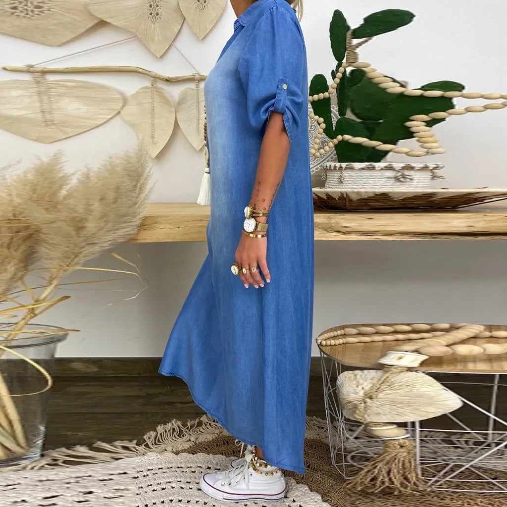 Lea™ | Long Denim-Look Dress with Side Slit Vragen aan ChatGPT