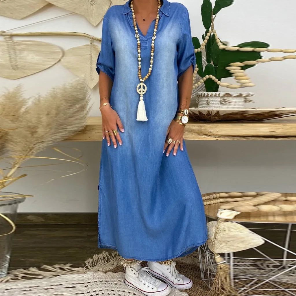 Lea™ | Long Denim-Look Dress with Side Slit Vragen aan ChatGPT