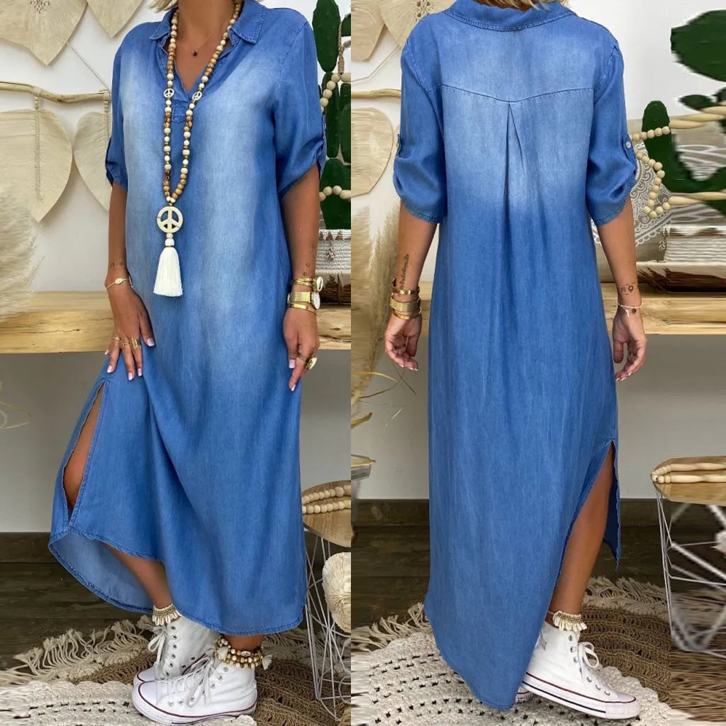 Lea™ | Long Denim-Look Dress with Side Slit Vragen aan ChatGPT
