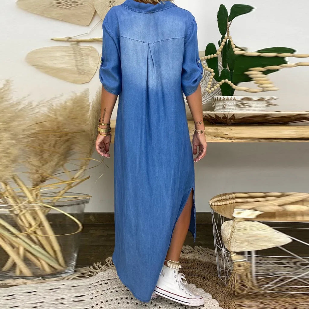 Lea™ | Long Denim-Look Dress with Side Slit Vragen aan ChatGPT