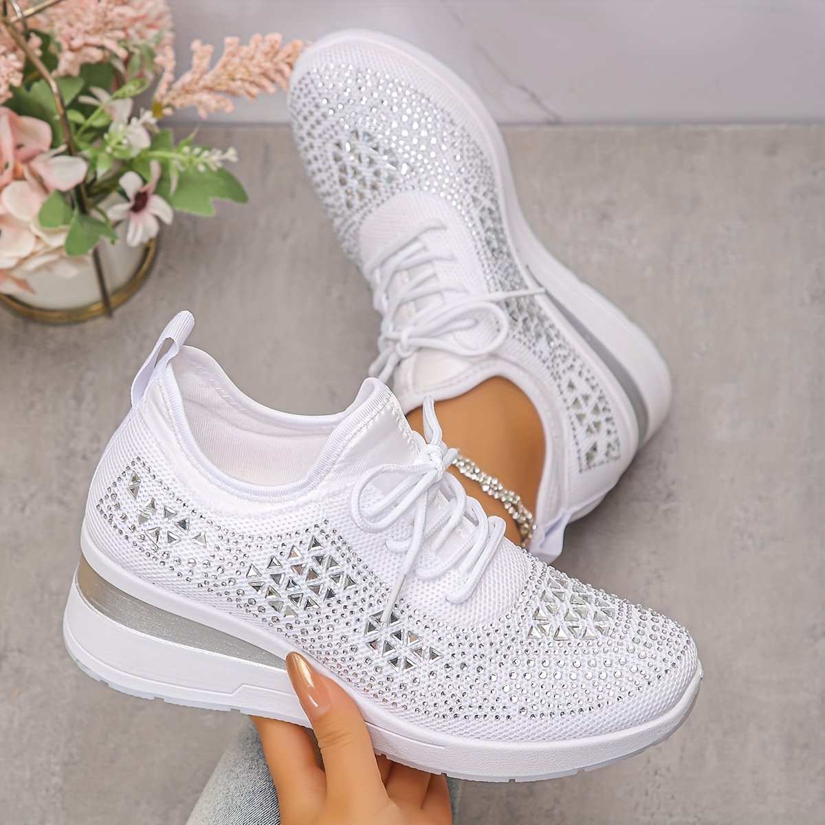 Casual Women’s Fashion, Breathable Correction Sneakers with Rhinestone Detail