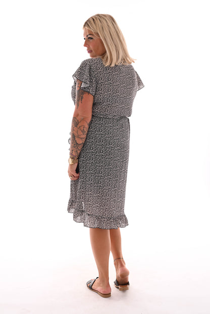 Short Wrap Dress with Ruffle, Black Leopard Print