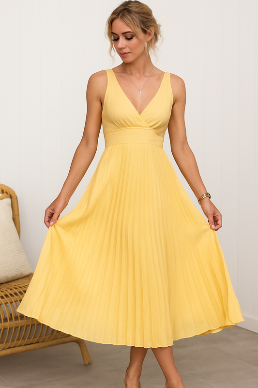 Aby - Yellow Pleated V-Neck Maxi Dress